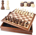 VAMSLOVE Chess and Checkers Board Game Sets for Adults Wooden Deluxe 15 inch Wood Board Box with Storage Classic 2 in 1 Large Size with Chess Pieces - 3” King Height - 2 Extra Queens