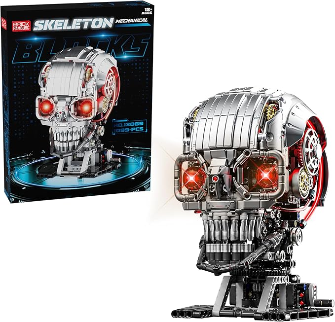 1099PCS Mechanical Skull Building Block Set3D Poseable Model with LED Light Movable Linkage Gears Display Stand STEM Toys Gift for Kids &amp Adults Perfect for Horror Fans &amp Gothic Room Decor