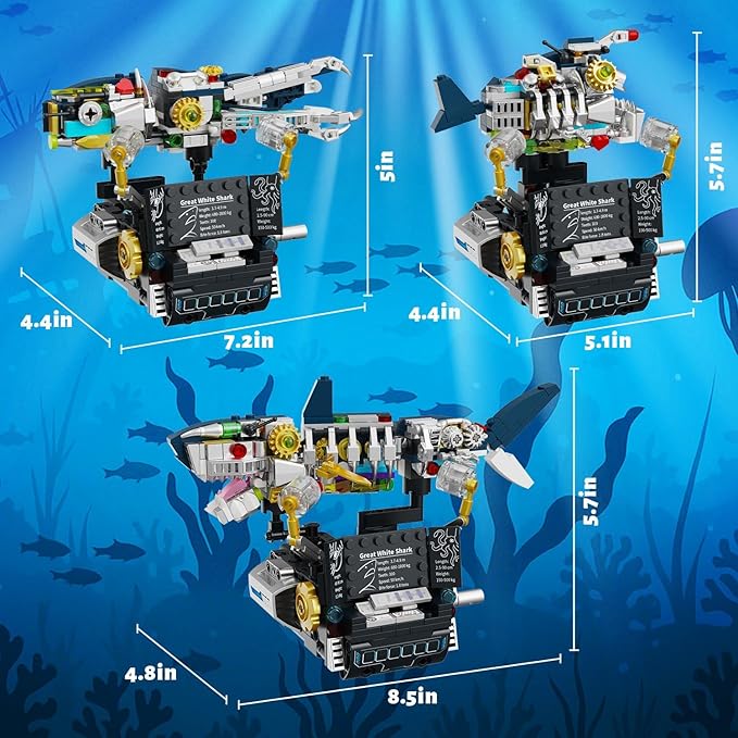 Mechanical Shark 3 in 1 Building Set 423pcs Compatible with Lego Shark Lantern Fish Octopus Models Deep Sea Ocean Kit Interactive Moving Base with Handle Control STEM Educational Toy for Kids 6+