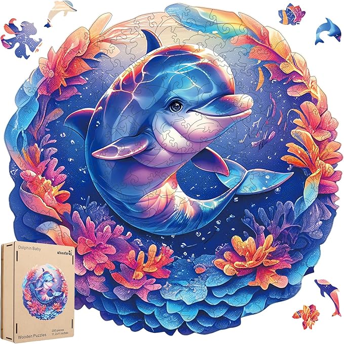 Qiuenisray Wooden Puzzles for Adults Dolphin Baby Jigsaw Puzzles 200 Pieces FSC Certified Unique Ocean Adult Puzzles Wood Puzzles Creative Gift for Family Game 11.2x11.2 in
