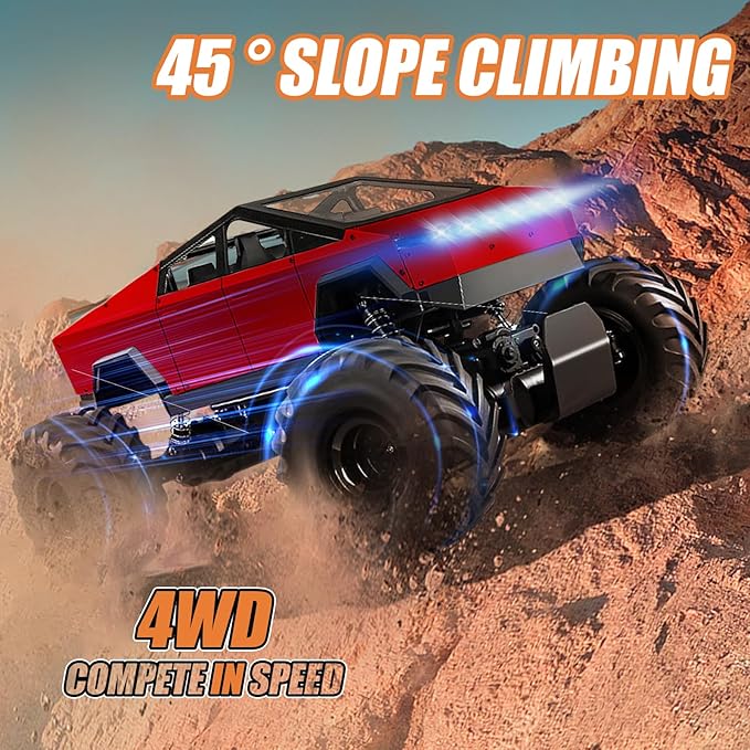 Remote Control Car 2.4Ghz 1/8 Scale Model Racing Car Toys Aluminum Alloy 4WD Off-Road Pickup Truck with LED Headlight and Rechargeable Battery Gifts for Adults Boys (Red)