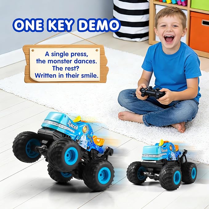 DYODYORC Remote Control Car 2.4Ghz All Terrain Monster Truck RC Truck with Music 3 Lighting Effects 360 Stunt Capable 2 Batteries Ready to Run Toy Gifts for Boys and Girls (Blue)