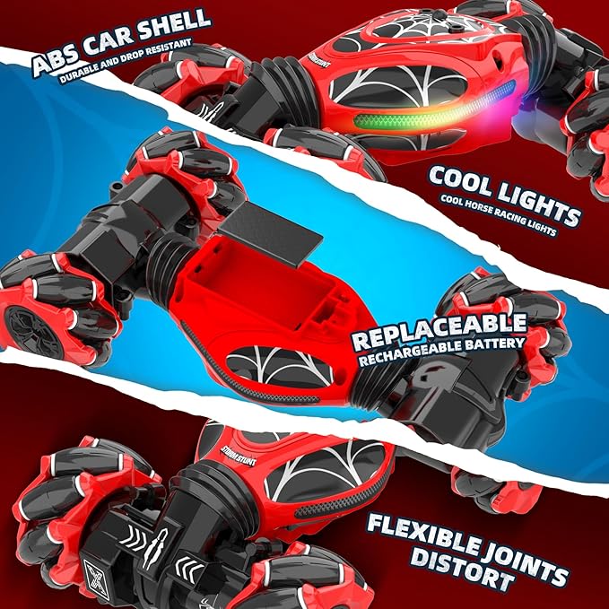 Spider RC Cars Toys with Body Tires Lights 2.4GHz Gesture Hand Control Car One-Button Deformation Fast 360°Rotation Toys Birthday Gifts for 7 8 9 10 Year Old Boys Age 6-12