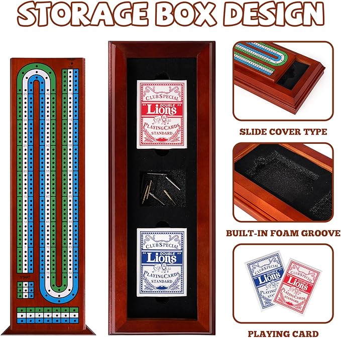 Wooden Cribbage Board Game Set with Cards and Metal Pegs 3 Track Cribbage Board with Storage Drawer Portable Travel Cribbage Set for Adults Families Seniors Camping &amp Game Night