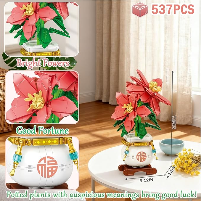 Botanicals 3 Bonsai Flowers Building Blocks Set Lucky Bamboo-Red Poinsettia-Pink Orchid Artificial Flower Bouquet Building Bricks Toy Plants Decor Ideal Valentine's Day Gift for Lover (1576PCS)