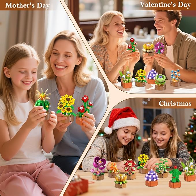 HOGOKIDS 15 Pack Flowers Succulents Mini Building Set for Adults Kids - 1314PCS Flower Plant Botanical Collection 3.6MM Bricks Toys Home Office Décor Easter Gifts for Women Boys Girls Age 6+