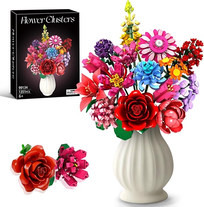 Flower Building Blocks Set 1351PCS Everlasting 14-Style Floral Bouquet Kit DIY Assembled Colorful Flower Decor for Home/Office Birthday Gift/Anniversary/Mother’s Day