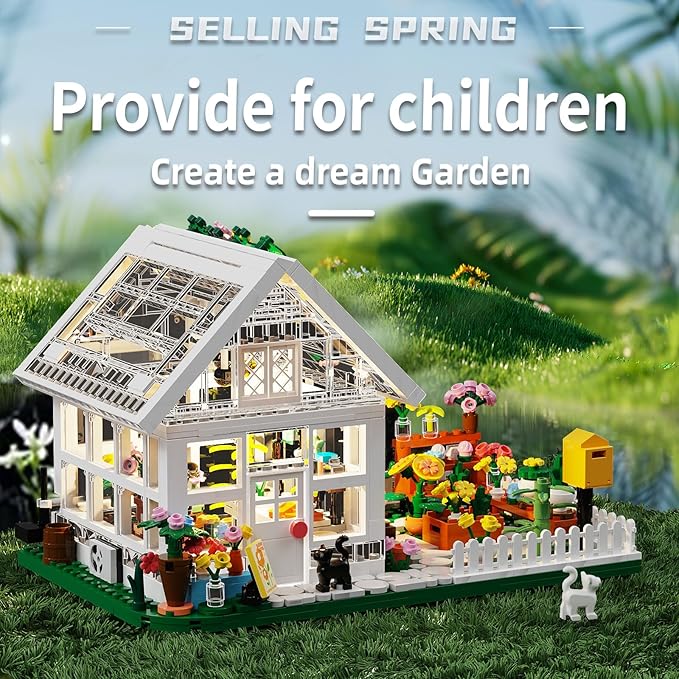 Flower House Building Mini Set with LED City Street View Greenhouse Building Blocks Toy Valentine Xmas Gift for Friends or Girls 8-12 Year