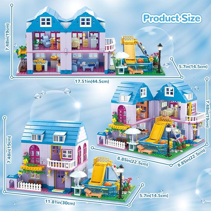 3 in 1 Girls Summer Villa Friends Building Set Compatible with Lego Friends with Swimming Pool Slide &amp Pet Home- Creative Modular House Playset for Kids Aged 6+