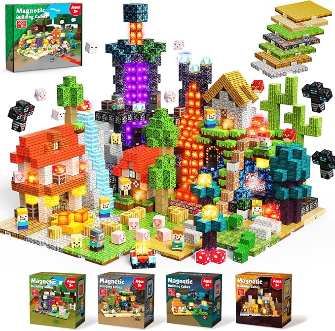 4-in-1 Magnetic Blocks with 24 Light Up Blocks 200PCS Magnetic Building Blocks with 8 Base Plates Screen-Free Magnetic Building Cubes Toy Easter Birthday Gifts for Boys Girls Age 3+