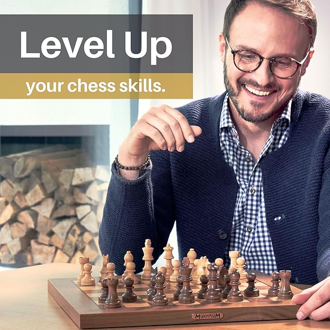 Millennium Chess Classics Exclusive - Electronic Chess Board Set - Chess Teacher &amp Trainer - Auto Sensing Light Up Squares - Smart AI Chess Board for Enhanced Gameplay - Real Wood Hand-Carved Piec