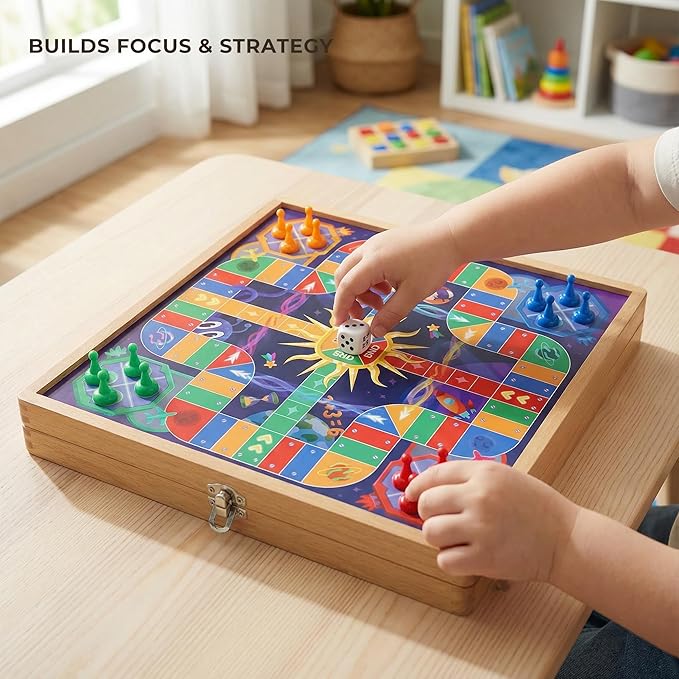 5-in-1 Wooden Board Games for Kids &amp Adults Premium Beech Wood Frame Family Game Center with Fast Sling Puck Detachable Flat Chess Board Chinese Checkers Ludo &amp Snakes and Ladders