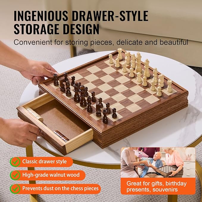 VEVOR Solid Wood Chess Set 15 inch 2-in-1 Chess Checkers Game Set Chess Board Games with Storage Drawer &amp Weighted Chess Checkers Pieces &amp 2 Queens Christmas Crafts Xmas Gift