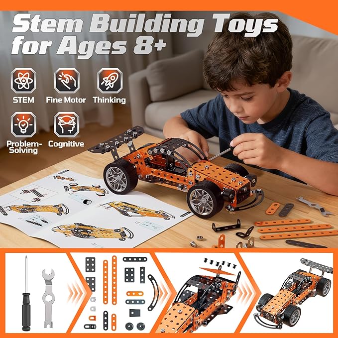 Metal Building Set Race Car Construction Kit Educational STEM Toy with Wheels Orange and Black