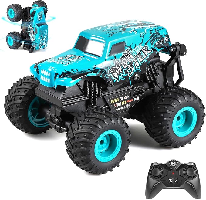 DYODYORC Remote Control Car 2.4Ghz All Terrain Shark Monster Truck Toys RC Truck with Music 3 Lighting Effects 360 Stunt Capable 2 Batteries Ready to Run Toy Gifts for Boys and Girls (Blue)