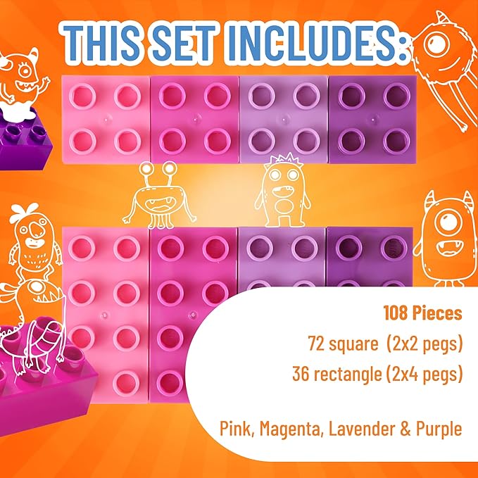 Strictly Briks Jumbo Building Blocks Set - Enhances Fine Motor Skills for Age 3+ - Vibrant Colorful Blocks for Girls Toys - Durable Pieces for Kid Toy Play - 108pc Pink/Purple/Lavender