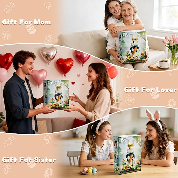 Easter Wonderland Bunny Building Blocks Set Compatible with Lego Easter Creator Cute Rabbit Toys with Carrot &amp Sunflower Display Base Creative Gift for Kids Girls Adults