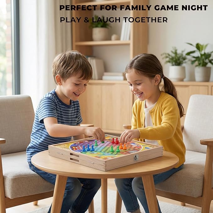 5-in-1 Wooden Board Games for Kids &amp Adults Premium Beech Wood Frame Family Game Center with Fast Sling Puck Detachable Flat Chess Board Chinese Checkers Ludo &amp Snakes and Ladders