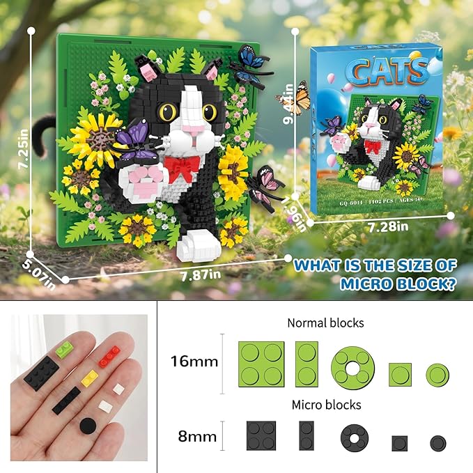 Flowers Tuxedo Cat Animal 3D Wall Art Micro Mini Building Blocks Set Unique Home Wall Decor or Table Display No Compatible with Lego Ideal Gift Toy for Adults &amp Boys Girls 14+ (1402 PCS)