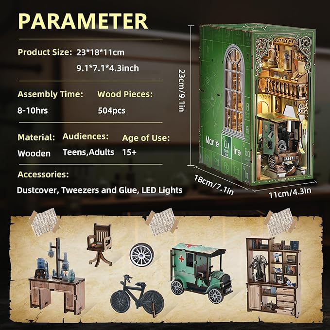 Book Nook Kit DIY Miniature Dollhouse Kit 3D Puzzles for Adults Tiny House Mini Home Craft Bookshelf Nook Puzzle Book Decor Gifts for Teenagers Book Lovers (The Radium Lady)