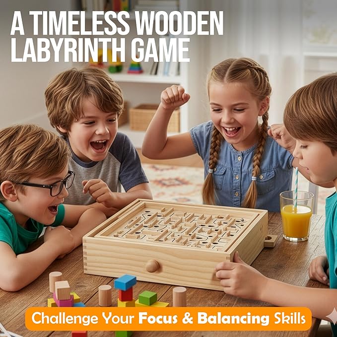 STERLING Wooden Labyrinth Marble Maze Game Large 12.75 x 11.5 Tilt Maze Game Board with 60 Waypoints and Marble Balls Included for Kids and Adults 6 Years and Up
