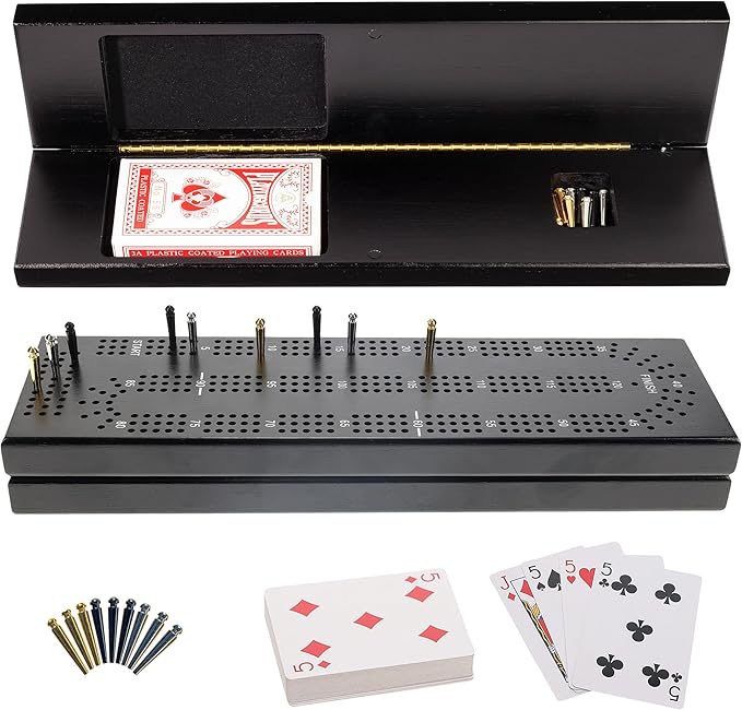 WE Games Wooden Cribbage Board Game Set with Storage Black Stained Continuous 3 Track Card Game for 2-3 Players