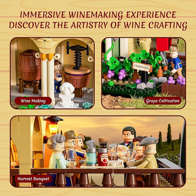 Farm Vineyard-Estate Lighting Building-Bricks-Set - 2800 Pcs Winery Chateau House Collection LED Light Wine Cottage Model Display Set for Adults and Farm Series Building Collectors