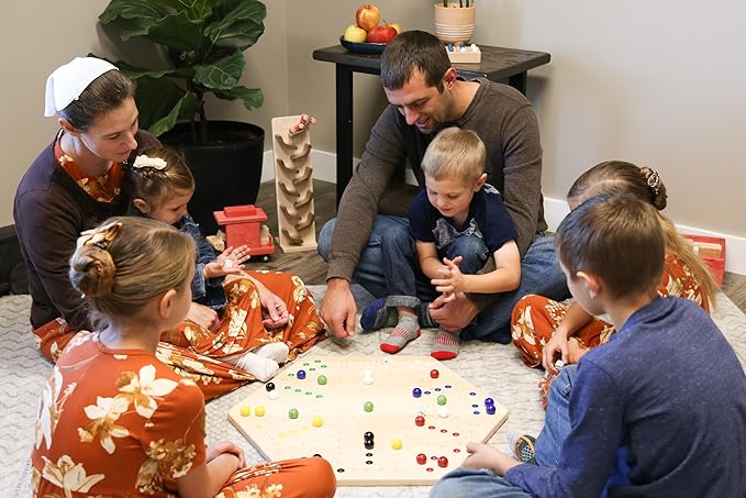 AmishToyBox.com Wahoo Wooden Marble Game Board Set - Large 24 Wide - Solid Oak Wood - Double-Sided - with Large 22mm Marbles and Dice Included
