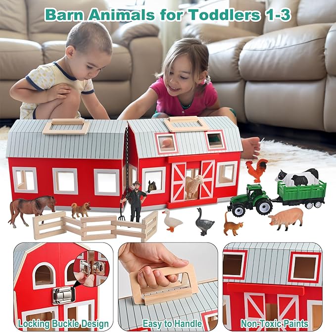 Wooden Barn Toys Play Barn with 12 Animal Play Figures for 3+ Years Old Toy Barn and Farm AnimalsWooden Barn Playset for Christmas Birthday Gift for Boys Girls