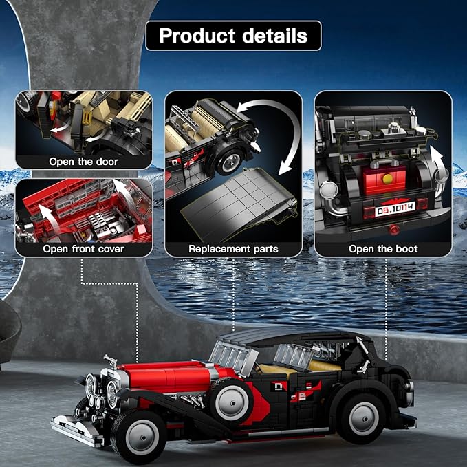 Mould King Classic Car Building Sets 10114 Vintage Vehicle Model Build and Display Collectible Retro Antique Vehicle Toys Car Kits for Adults Aged 14+(1380 Pieces)