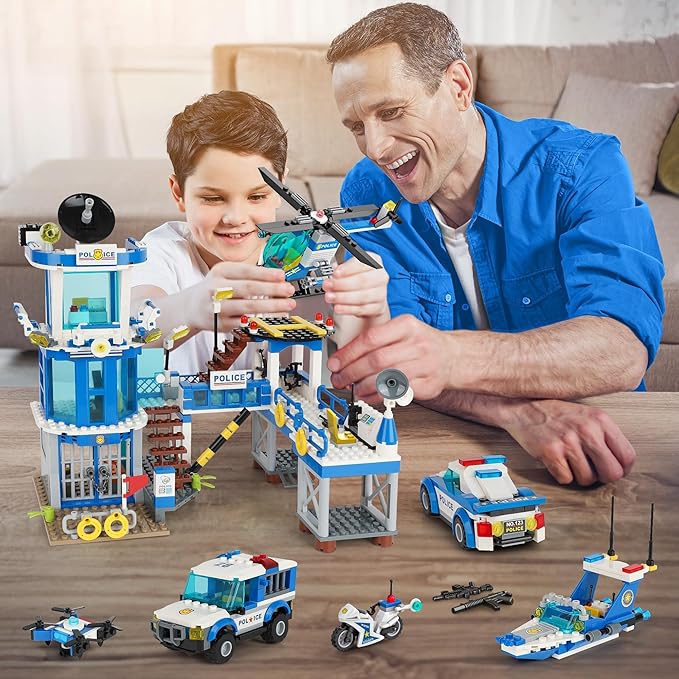 982Pcs City Police Station Building Toy Set - 6-in-1 Emergency Rescue Center with Police Car Boat Helicopter &amp Motorcycle - STEM Police Playset Gift for Kids Boys Girls Ages 6-12