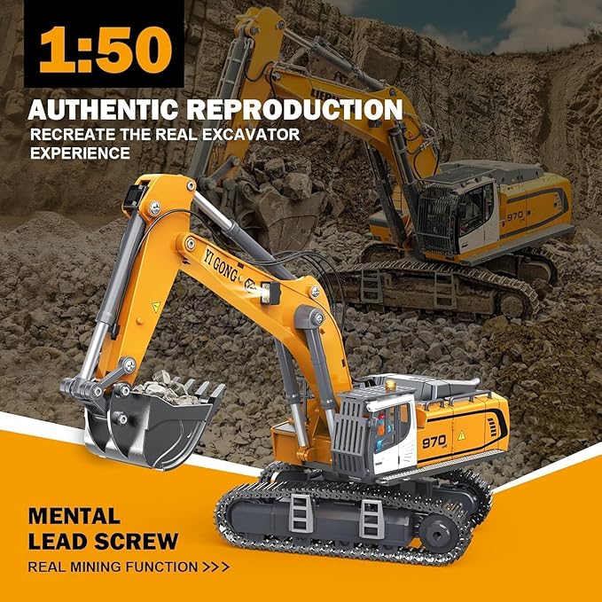 Adult Metal Mini 1:50 Remote Control Excavator is a Screw-Driven Excavator that Comes with Two Batteries and a Carrying case. It's an for Model Enthusiasts and Children