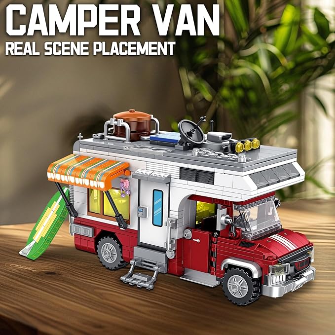 Camping Van Construction Toy 924 Pieces Building Block Set with Picnic Table Grill &amp Fire Scene Gift for Kids Teens &amp Vehicle Fans