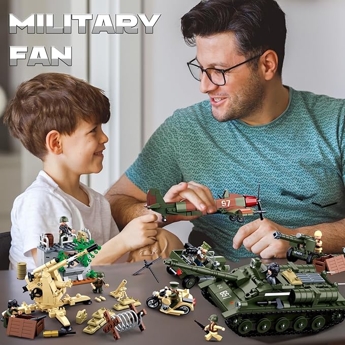 Military Base Building Set WW2 Army Model Kit with Tank Motorcycle Fighter 9 Soldier Minifigures Ideal Gifts for Adult Boys Aged 8 9 10 Compatible with Lego Military 988 PCS