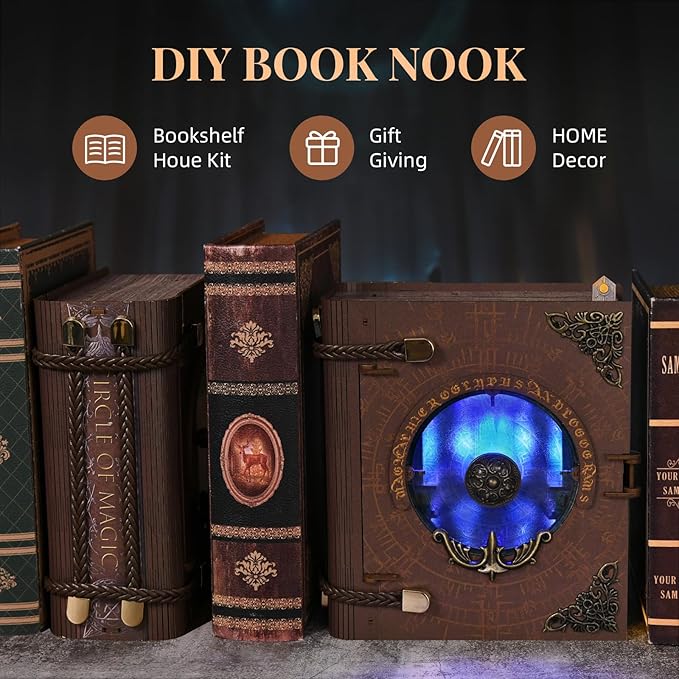 Book Nook Kit DIY Miniature Dollhouse Magic Booknook Kit 3D Wooden Puzzle Bookend Bookshelf with LED Light for Adults Teens (Circle of Magic)