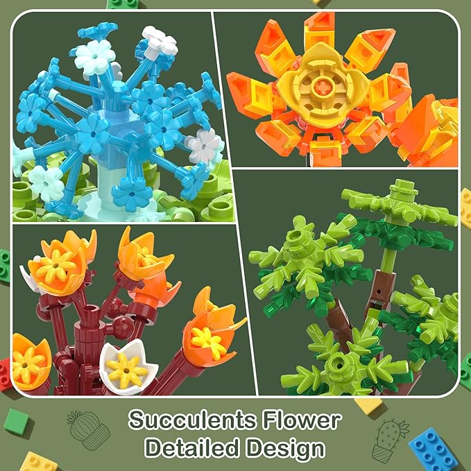 Flower Building Set for Adults Women (987 Piece) - 12Pcs/Set Mini Succulents Plant Bonsai Model for Home Decor Botanical Collection Blocks Toy Gifts for Building Blocks Lover