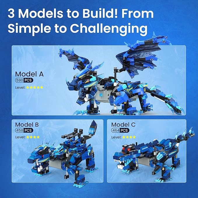 Sillbird Dragon Building Kit with Remote Control STEM Gifts for Kids Boys Ages 8-12 Technic Buildable 3in1 Models Coding Toys for Birthday with 590 Pieces