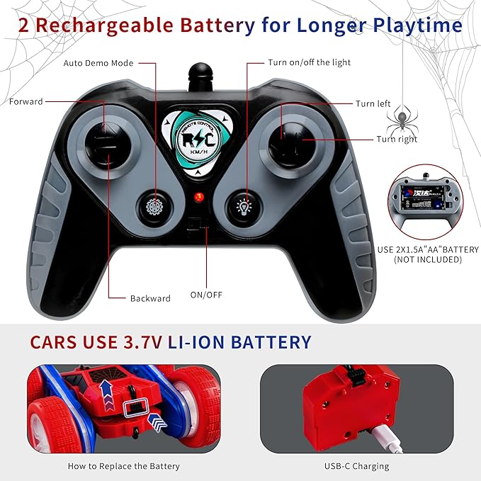 Spider Remote Control Car 4WD 360° Flips RC Stunt Car Toys Cyber-Inspired Double-Sided Drift Rc Cars with LED Lights 2 Rechargeable Charge Battery Modules Toys and Gift for Boys Age 3-12