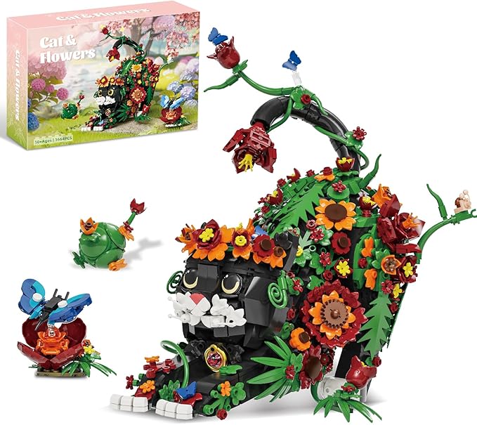 Flowers Tuxedo Cat Building Set for Adults Animal Butterfly Botanical Collection Model Toy for Home Office Decor Compatible with Lego Cat Gift Idea for Teens Boys &amp Girls 14+ (1664 PCS)