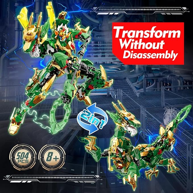 Dragon Rising Mech Building Sets for AdultsMecha Suit 2-in-1 Transforming Robot Building Blocks ToyTransform Action Figure Building Kits Models for Kids Boys Ages 8-14 Year