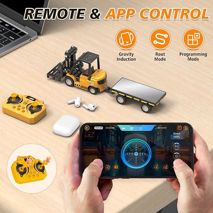 1/64 RC Forklift Toy 3 in 1 Mini Forklift Remote Control &amp App Remote Control Forklift with Trailer &amp Fork &amp Hook 10CH Alloy RC Construction Vehicles Desktop Toy for Adults Kids Boys Gi