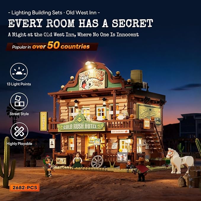 Western-Inn Lighting-Building-Bricks Set - 2682 Pcs The Old West Inn Light Construction Hotel Building Model Set for Adults and West Lovers
