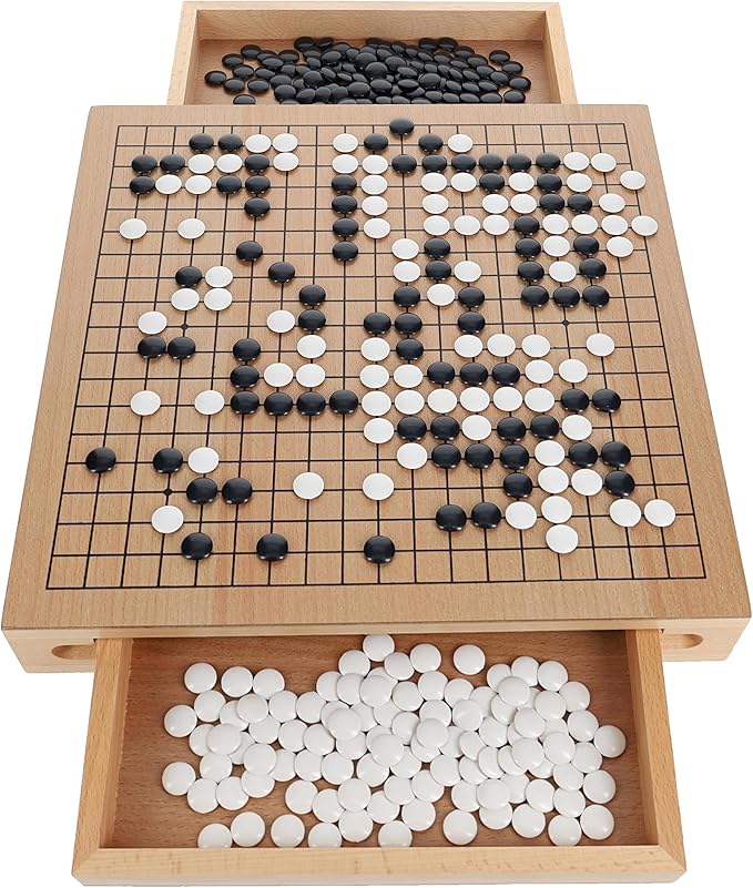WE Games Go Game Set 12 Inch - Traditional Go Set with Pull-Out Storage Drawers Portable Wood Veneer Goban Strategy Board Games for Adults Go Board Game