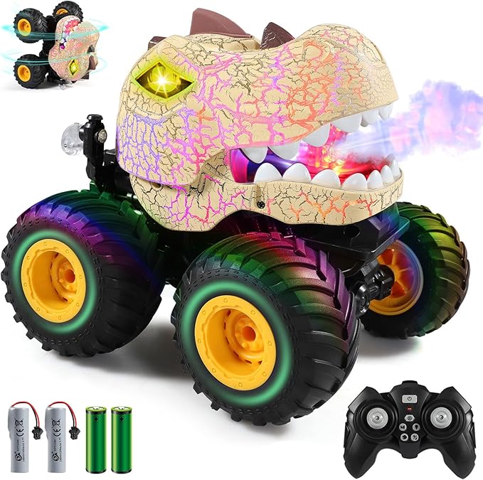 DYODYORC Remote Control Car 2.4Ghz All Terrain Dinosaur Monster Truck Toys RC Truck with Spay Music 3 Lighting Effects Stunt Capable Toy Gifts for Boys and Girls (Yellow)