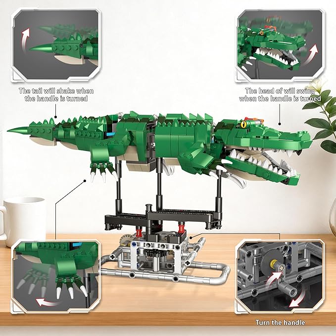 Kinetic Mechanical Crocodile Building Kit - Light-Up Interactive Animal Model with Hand-Crank Moving Jaw Claws &amp Tail - STEM Construction Toy for Kids &amp Adults