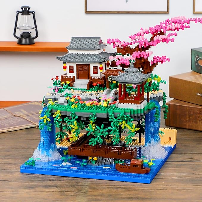 Peach Blossom Pond Micro Mini Building Blocks Set for Adults and Kids Chinese Architecture Cherry Bonsai Gift Toys with String Lights Japanese Flowers Tree House Micro Bricks (3320PCS)