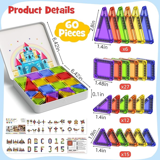 Magnetic Tiles Mini Travel Toddler Set 60pcs Magnetic Blocks Building Kids Toys Montessori Preschool Classroom Must-Haves Educational Learning Sensory Toys for 3+ Year Old Boys