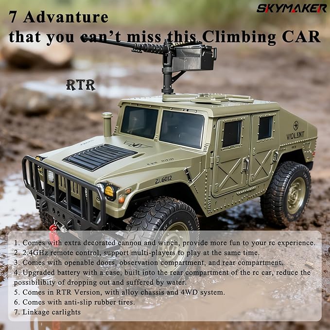 Skymaker H1 RC Crawler 4WD Military Car with Cannon and Winch Accessory RTR Off-Road Remote Control Cars for Adults Linkage Carlights and Steering Wheel (Olive Green)