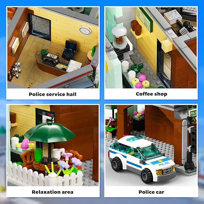AsmrCap City Police Station Building Set for Boys Police Station Toy with Police Car Four-Floor Police Station with Office Interrogation Room Rooftop Radar Coffee Shop 2066PCS