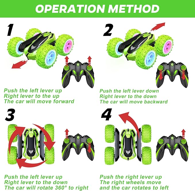 KKONES Remote Control Car 2.4GHz Electric Race Stunt Car Double Sided 360° Rolling Rotating Rotation LED Headlights RC 4WD High Speed Off Road Gift for 3 4 5 6 7 8-12 Year Old Boy Toys (Green)